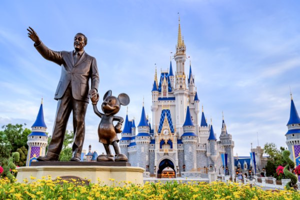 The Partners statue of Walt Disney and Mickey Mouse in front of Cinderella Castle